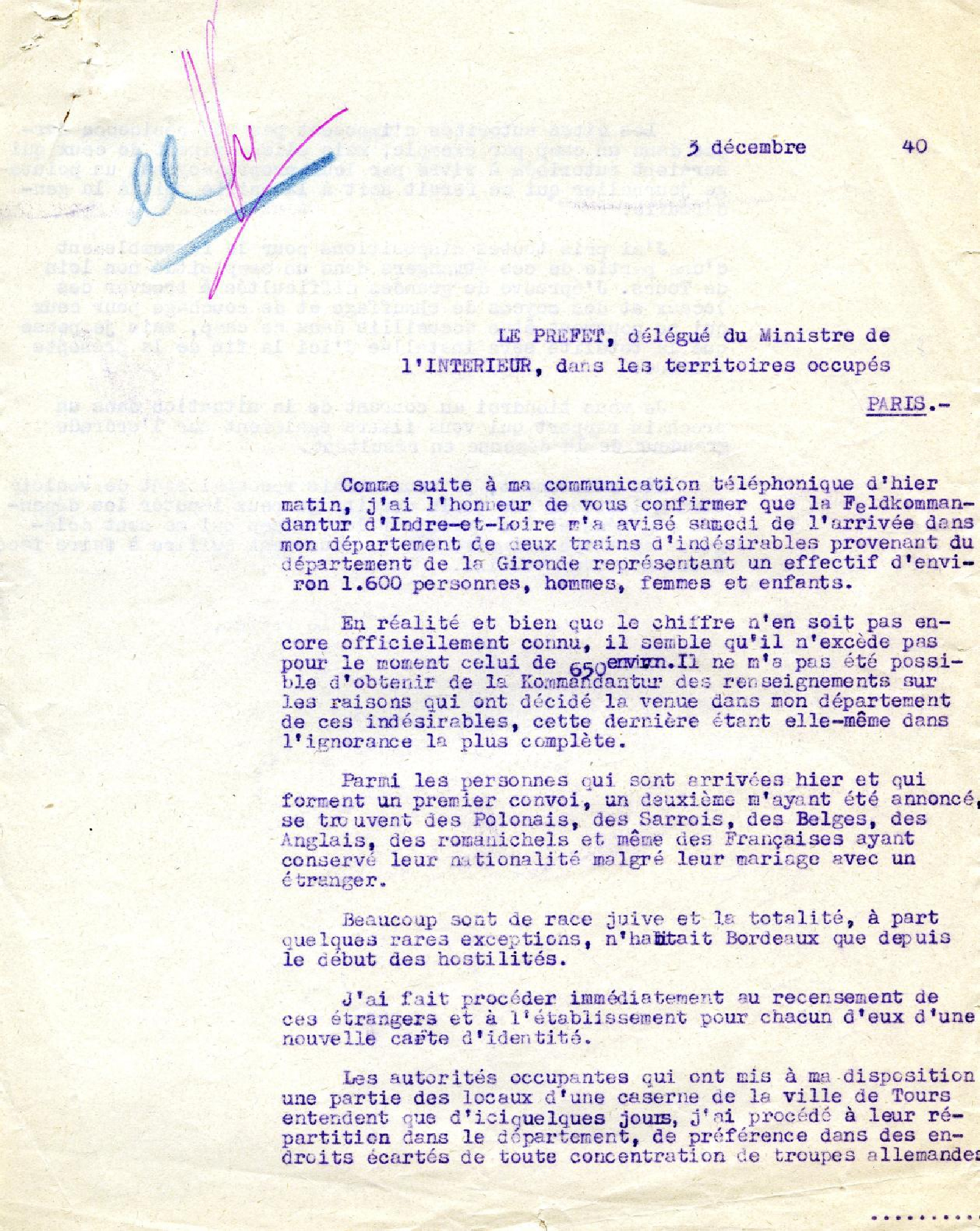 Letter The Prefect, delegate of the Ministry of Interior