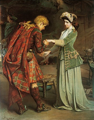 A man in a red tartan outfit kisses the hand of a woman in a green dress and bonnet. The setting is historical, with a warm, intimate atmosphere. Flora MacDonalds Farewell to Bonnie Prince Charlie.