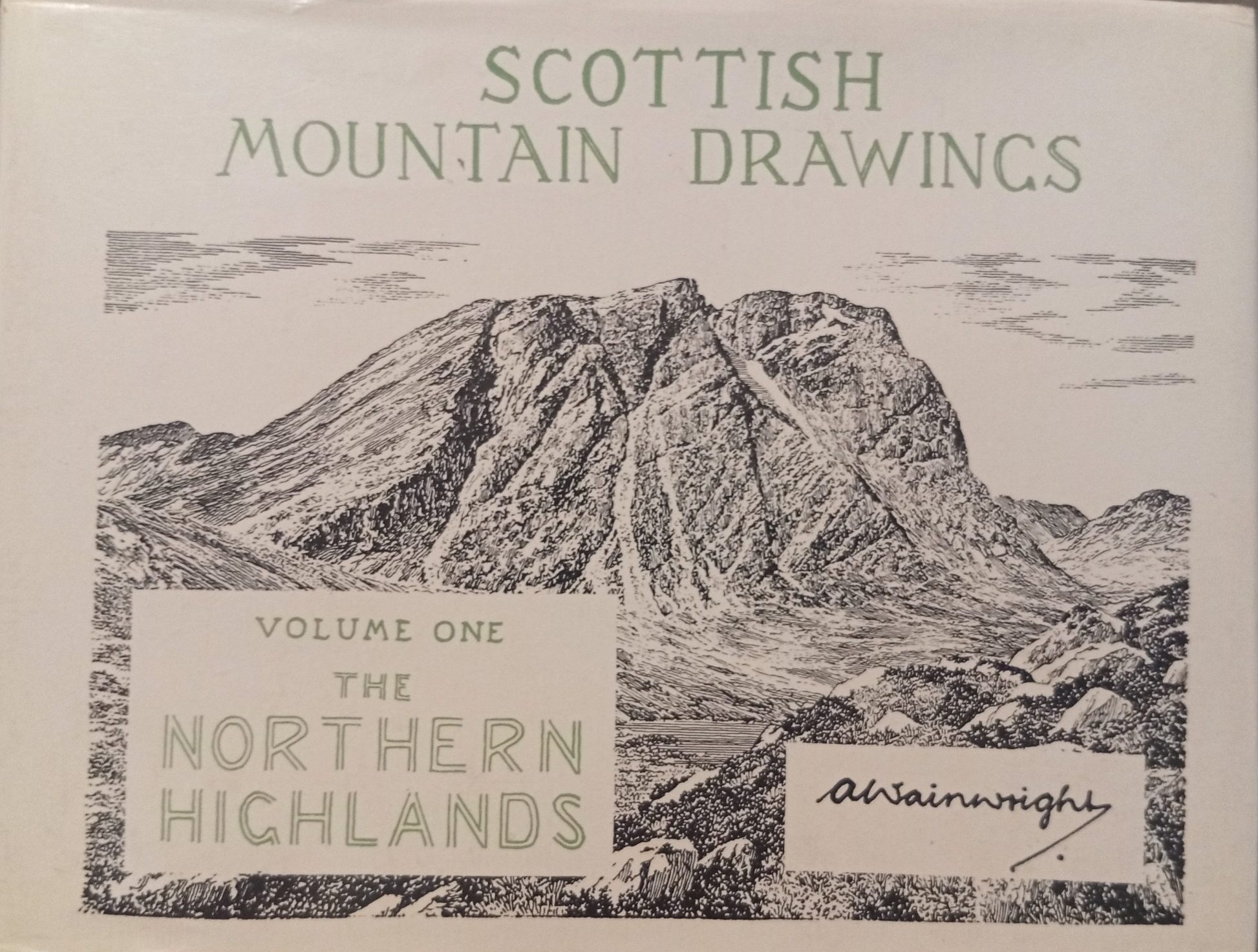Cover of "Scottish Mountain Drawings: Volume One, The Northern Highlands" by A. Wainwright. Features a detailed drawing of a rugged mountain.