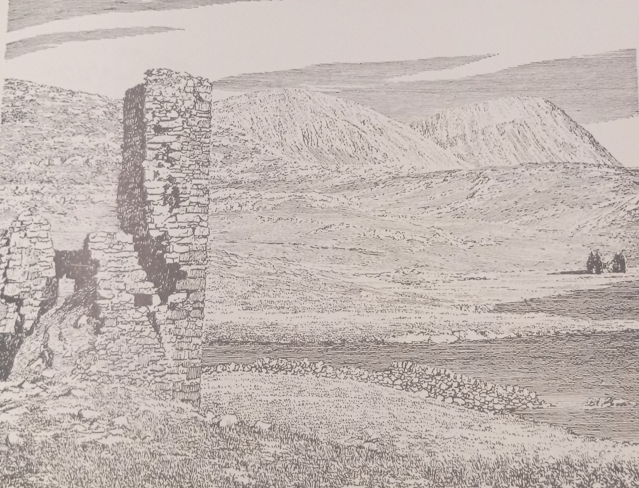Wainwright line drawing of a rural landscape with a stone tower ruin on the left. Mountains in the background under a partly cloudy sky. Sparse, serene. Ardvreck Castle.
