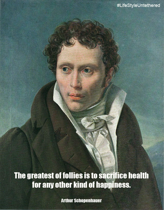 Portrait of Arthur Schopenhauer in 19th-century attire with curly hair, set against a muted background. Overlay text quotes Arthur Schopenhauer on valuing health above all. The greatest of follies is to sacrifice health for any other kind of happiness.