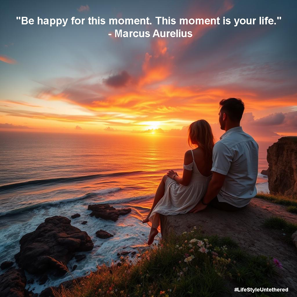 A couple sits on a cliff edge, watching a vibrant orange and pink sunset over the ocean. Quote above reads, "Be happy for this moment. This moment is your life."