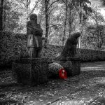 A grayscale scene shows two statues, one standing, one bowed, among trees. A single red wreath lies at their feet, conveying solemn remembrance. The "Grieving Parents" sculpture by Käthe Kollwitz