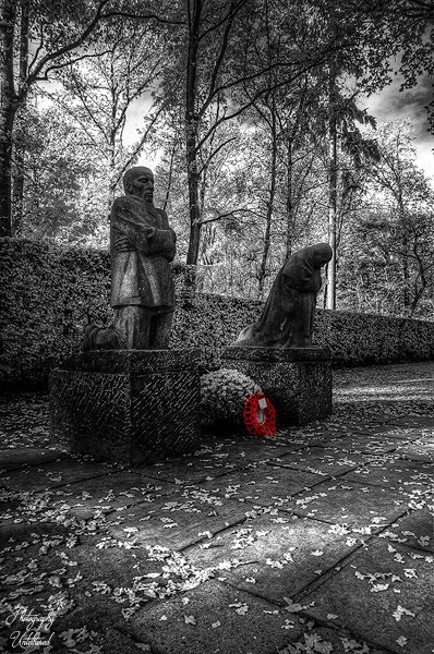 A grayscale scene shows two statues, one standing, one bowed, among trees. A single red wreath lies at their feet, conveying solemn remembrance. The "Grieving Parents" sculpture by Käthe Kollwitz