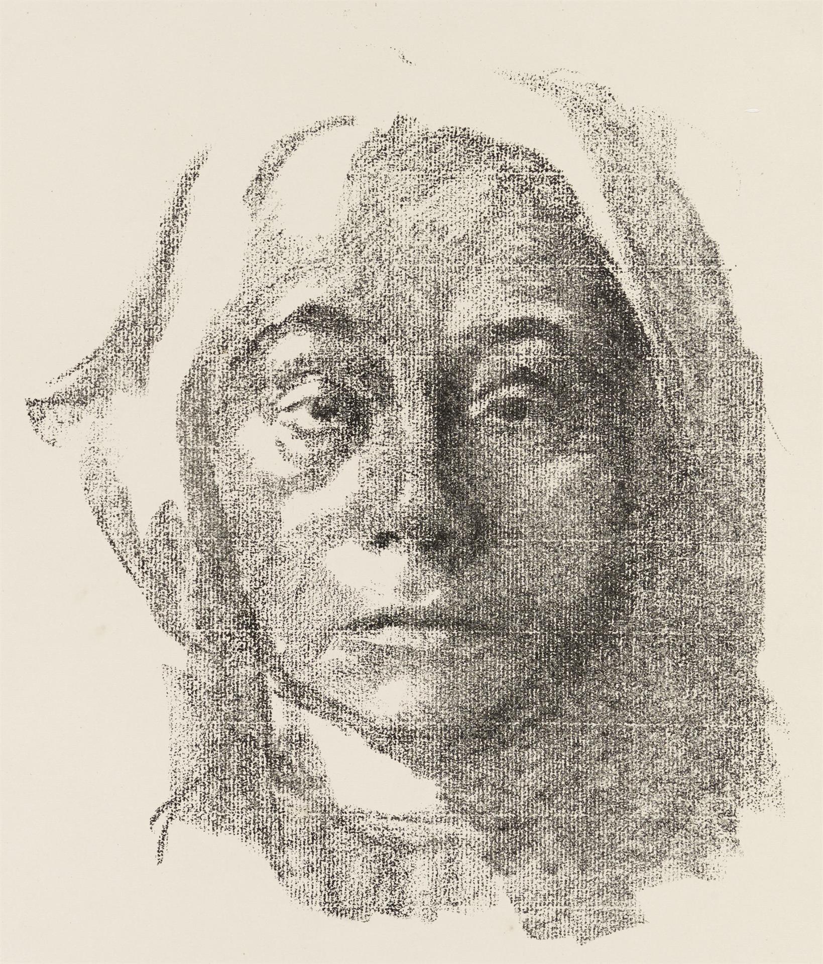 Charcoal sketch of a woman's face with a calm expression. Her eyes are wide open, framed by loose hair. The texture is grainy, creating a contemplative tone. Käthe Kollwitz self-portrait. This transfer lithograph was created shortly after the death of her son Peter.